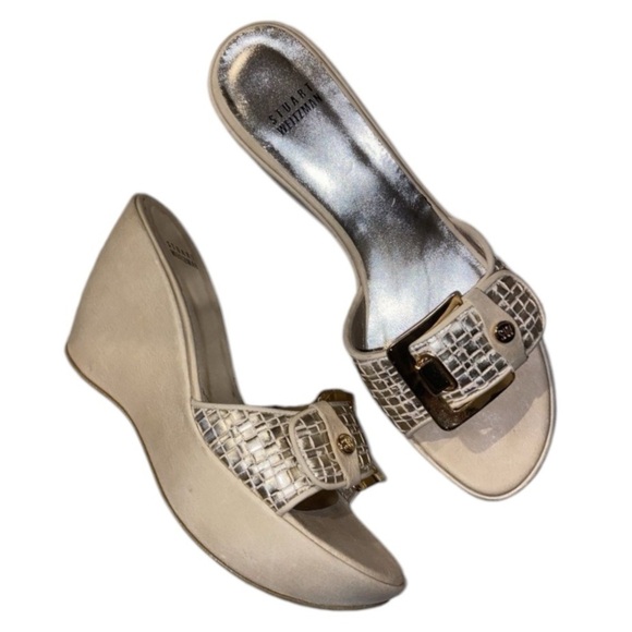 Stuart Weitzman Women Wedge 8.5 Chunky Metallic Gold Silver Clipper Platform - Picture 1 of 10
